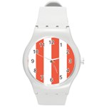Vertical Stripes - White and Tomato Red Round Plastic Sport Watch (M)