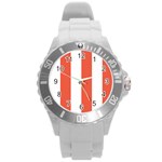 Vertical Stripes - White and Tomato Red Round Plastic Sport Watch (L)