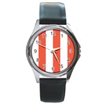 Vertical Stripes - White and Tomato Red Round Metal Watch