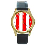 Vertical Stripes - White and Red Round Gold Metal Watch