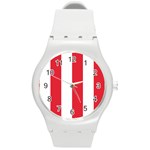 Vertical Stripes - White and Alizarin Red Round Plastic Sport Watch (M)