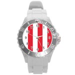 Vertical Stripes - White and Alizarin Red Round Plastic Sport Watch (L)