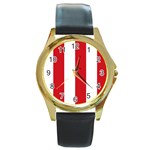 Vertical Stripes - White and Fire Engine Red Round Gold Metal Watch