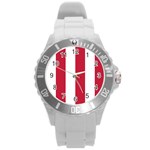 Vertical Stripes - White and Cardinal Red Round Plastic Sport Watch (L)