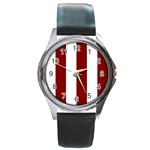 Vertical Stripes - White and Maroon Red Round Metal Watch