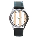 Vertical Stripes - White and Pastel Brown Round Metal Watch