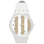 Vertical Stripes - White and Khaki Brown Round Plastic Sport Watch (M)