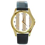 Vertical Stripes - White and Khaki Brown Round Gold Metal Watch