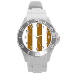 Vertical Stripes - White and Golden Brown Round Plastic Sport Watch (L)