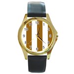 Vertical Stripes - White and Golden Brown Round Gold Metal Watch