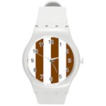 Vertical Stripes - White and Chocolate Brown Round Plastic Sport Watch (M)