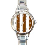 Vertical Stripes - White and Chocolate Brown Round Italian Charm Watch
