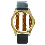 Vertical Stripes - White and Chocolate Brown Round Gold Metal Watch
