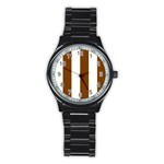 Vertical Stripes - White and Chocolate Brown Stainless Steel Round Watch