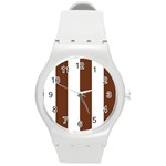 Vertical Stripes - White and Auburn Brown Round Plastic Sport Watch (M)