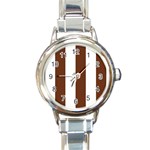 Vertical Stripes - White and Auburn Brown Round Italian Charm Watch