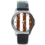 Vertical Stripes - White and Auburn Brown Round Metal Watch