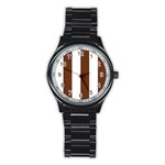 Vertical Stripes - White and Auburn Brown Stainless Steel Round Watch