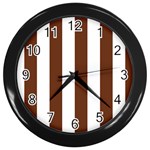 Vertical Stripes - White and Auburn Brown Wall Clock (Black)