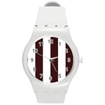 Vertical Stripes - White and Dark Sienna Brown Round Plastic Sport Watch (M)