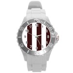 Vertical Stripes - White and Dark Sienna Brown Round Plastic Sport Watch (L)