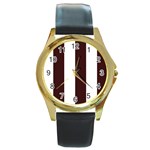 Vertical Stripes - White and Dark Sienna Brown Round Gold Metal Watch
