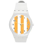 Vertical Stripes - White and Pastel Orange Round Plastic Sport Watch (M)