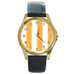 Vertical Stripes - White and Pastel Orange Round Gold Metal Watch