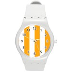 Vertical Stripes - White and Dark Tangerine Orange Round Plastic Sport Watch (M)