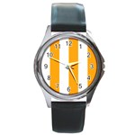 Vertical Stripes - White and Dark Tangerine Orange Round Metal Watch