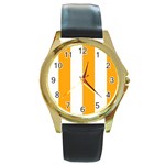 Vertical Stripes - White and Dark Tangerine Orange Round Gold Metal Watch