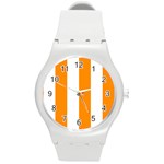 Vertical Stripes - White and Dark Orange Round Plastic Sport Watch (M)