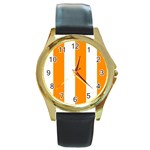 Vertical Stripes - White and Dark Orange Round Gold Metal Watch