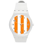 Vertical Stripes - White and Orange Round Plastic Sport Watch (M)