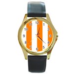 Vertical Stripes - White and Orange Round Gold Metal Watch