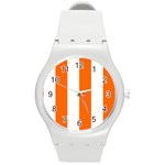 Vertical Stripes - White and Safety Orange Round Plastic Sport Watch (M)
