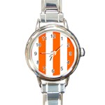 Vertical Stripes - White and Safety Orange Round Italian Charm Watch