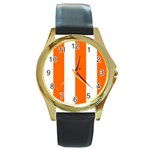 Vertical Stripes - White and Safety Orange Round Gold Metal Watch