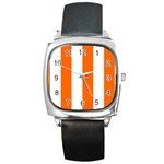Vertical Stripes - White and Safety Orange Square Metal Watch