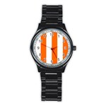 Vertical Stripes - White and Safety Orange Stainless Steel Round Watch