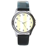 Vertical Stripes - White and Cream Yellow Round Metal Watch