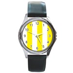 Vertical Stripes - White and Canary Yellow Round Metal Watch