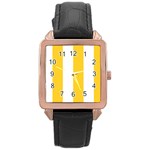 Vertical Stripes - White and Banana Yellow Rose Gold Leather Watch