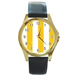 Vertical Stripes - White and Deep Lemon Yellow Round Gold Metal Watch