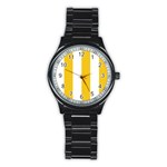 Vertical Stripes - White and Deep Lemon Yellow Stainless Steel Round Watch