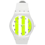 Vertical Stripes - White and Fluorescent Yellow Round Plastic Sport Watch (M)