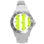 Vertical Stripes - White and Fluorescent Yellow Round Plastic Sport Watch (L)