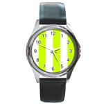 Vertical Stripes - White and Fluorescent Yellow Round Metal Watch
