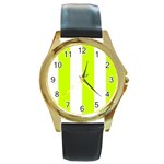 Vertical Stripes - White and Fluorescent Yellow Round Gold Metal Watch