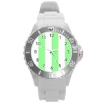 Vertical Stripes - White and Light Green Round Plastic Sport Watch (L)